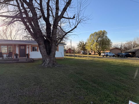 A large bare tree stands in the front yard of a red and white house with a green lawn and rural surroundings
